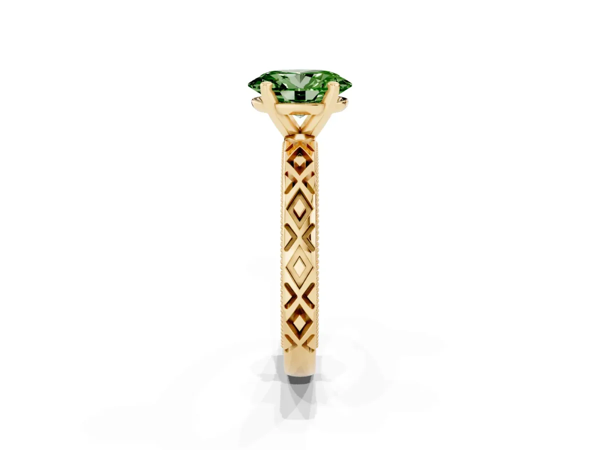 Fancy Green Oval Cut Solitaire Diamond Ring with Milgrain and Black Enamel X Pattern Band Yellow gold