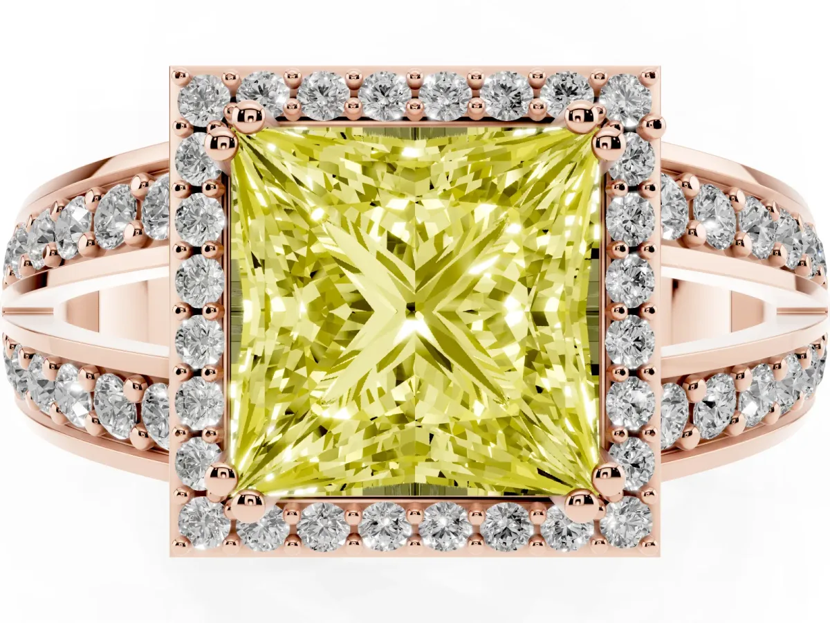 Fancy Yellow Princess Cut Diamond Halo Ring with Split Shank Pavé Band and Four-Prong Setting Rose gold