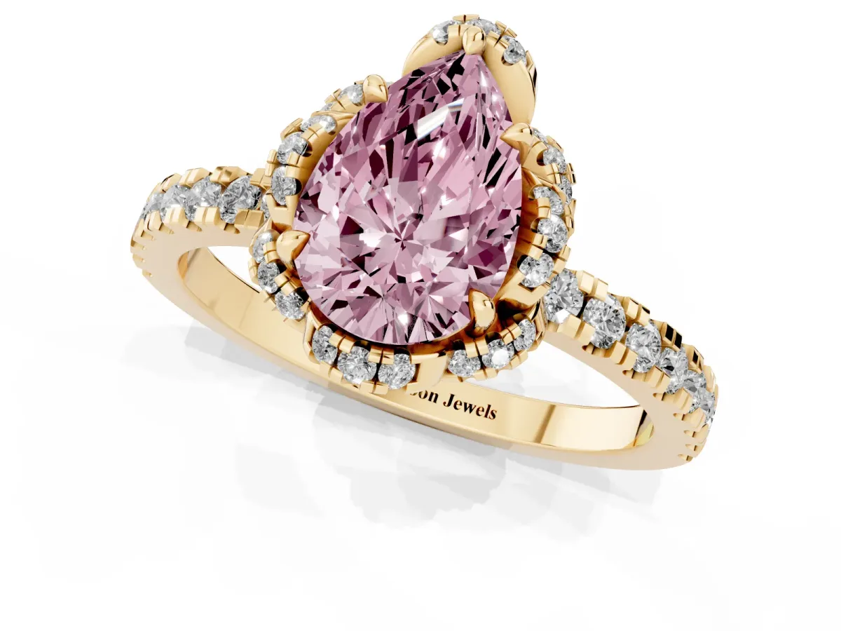 Fancy Pink Pear Cut Halo Diamond Pave Band Ring with Four-Prong Setting Yellow gold