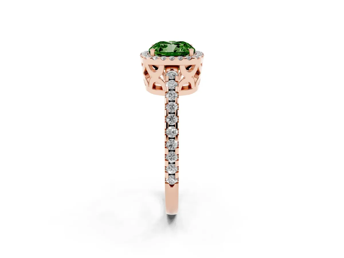 Fancy Green Cushion Cut Diamond Halo Engagement Ring with Pavé Band and Prong Setting Rose gold