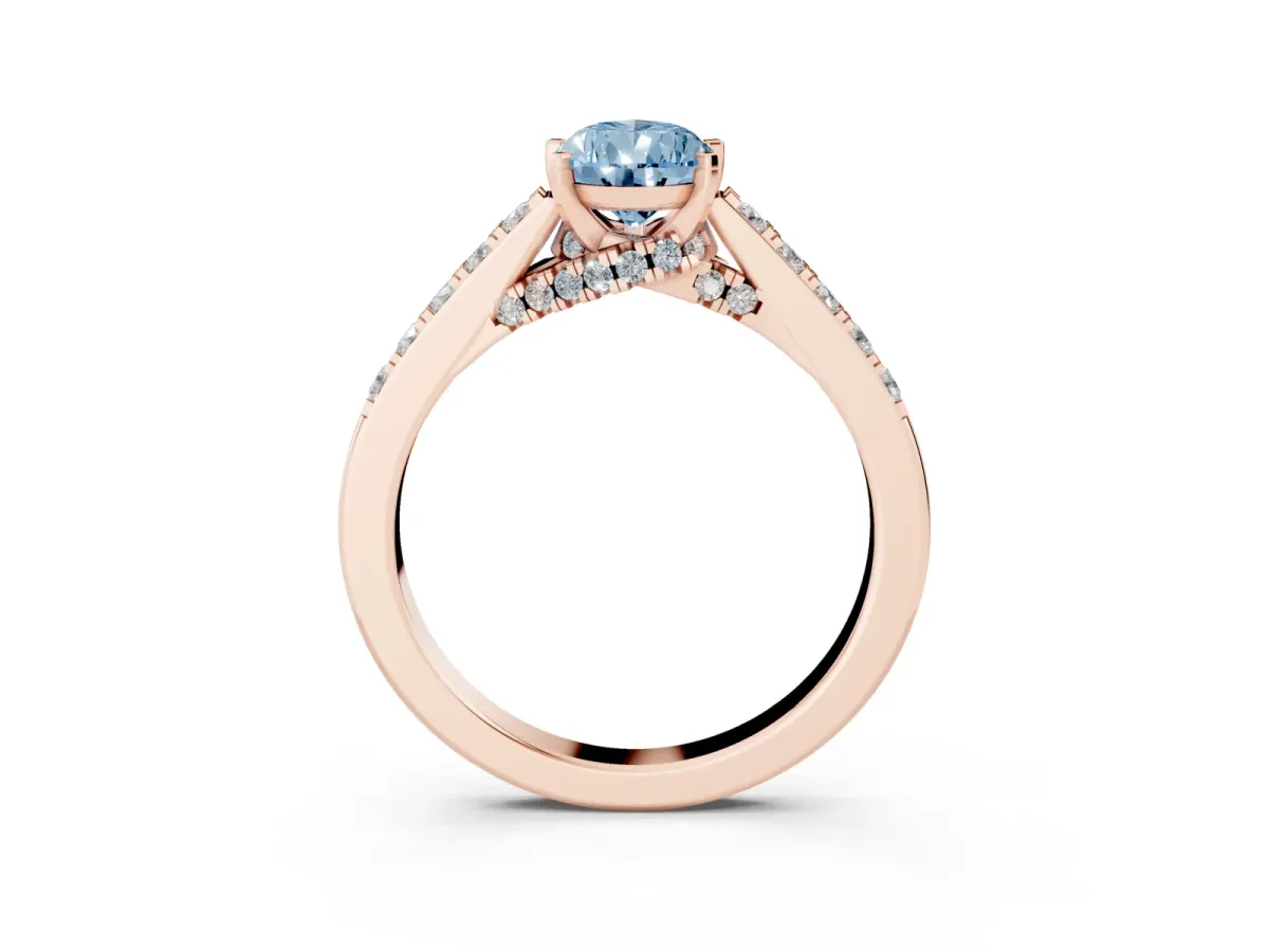 Fancy Blue Pear Cut Diamond Solitaire Ring with Crossover Gallery and Round Pavé Band Rose gold