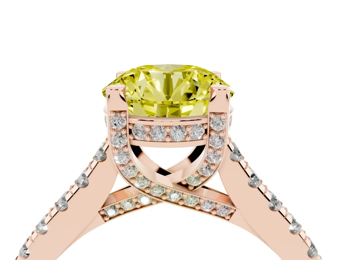 Fancy Yellow Round Cut Brilliant Diamond Solitaire with Pavé Band and Four-Prong Setting Rose gold
