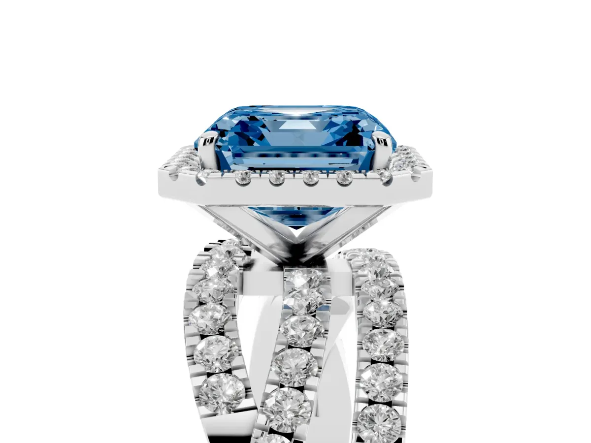 Fancy Blue Asscher Cut Diamond Halo Ring with Round Split Shank and Prong Setting Silver