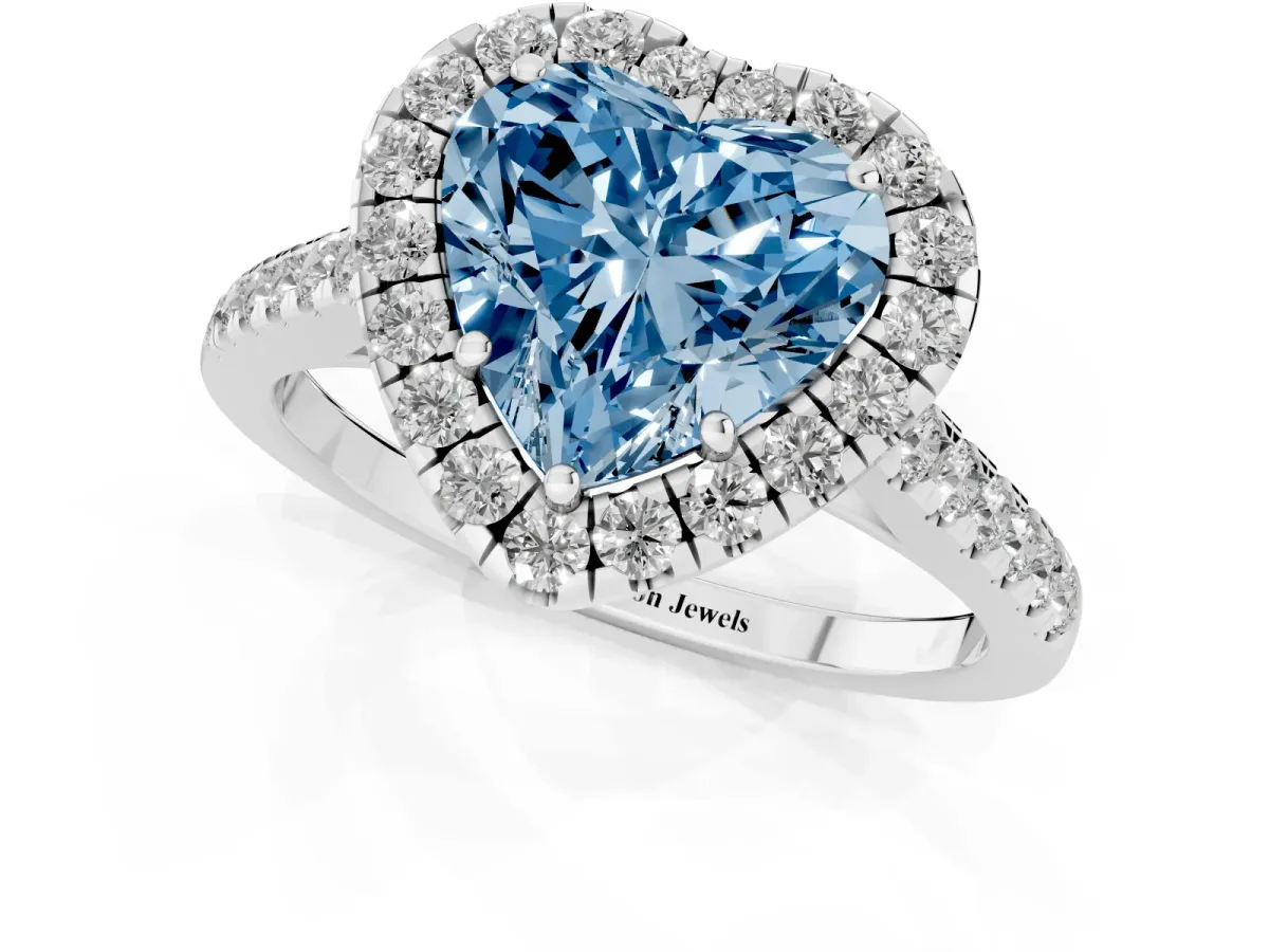Fancy Blue Heart Cut Halo Pave Diamond Engagement Ring with Four-Prong Setting Platinum