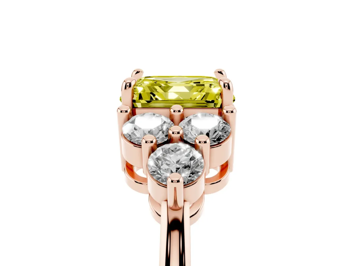 Fancy Yellow Asscher Cut Brilliant Diamond Cluster Accent Solitaire Ring with Prong Setting Rose gold