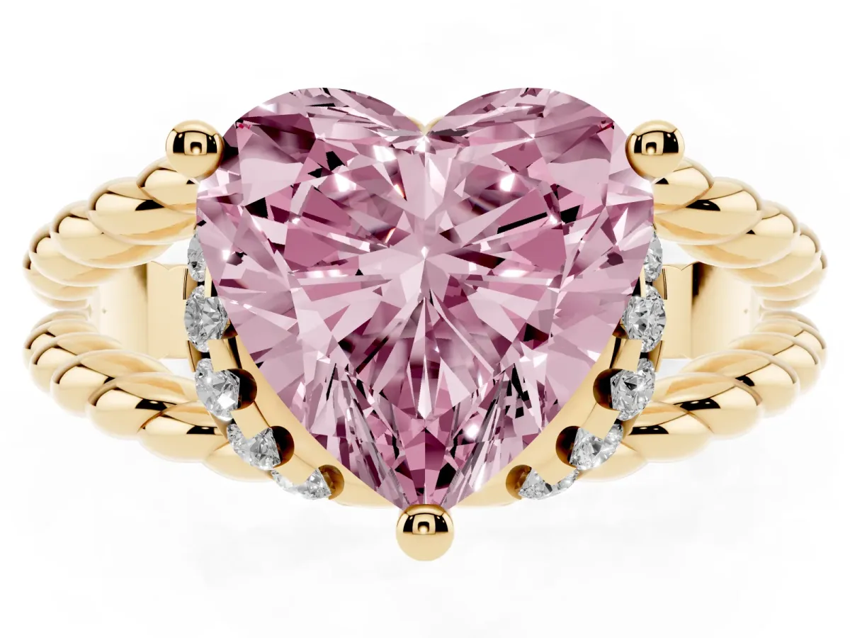 Fancy Pink Heart Cut Halo Twisted Band Four-Prong Ring Yellow gold
