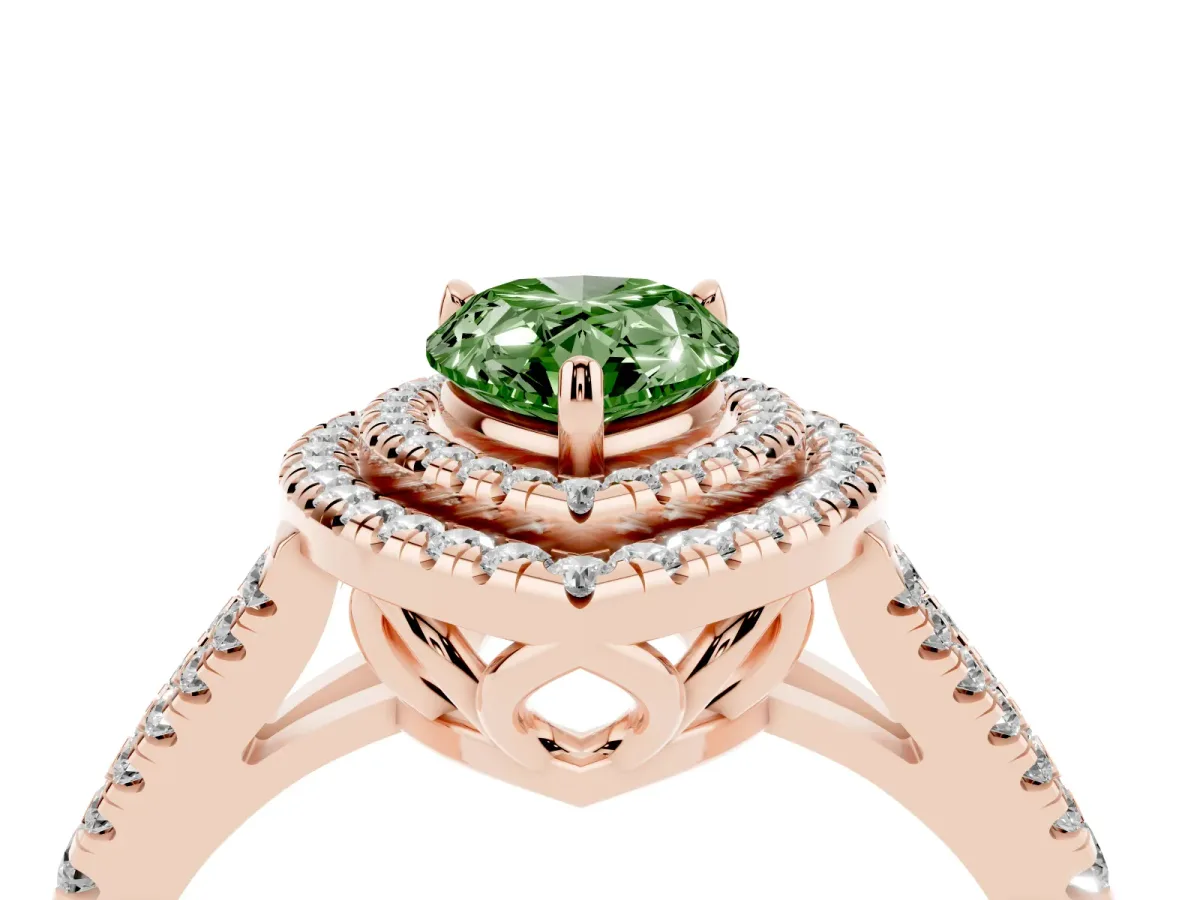 Fancy Green Pear Cut Diamond Double Halo Ring with Pavé Band and Prong Setting Rose gold