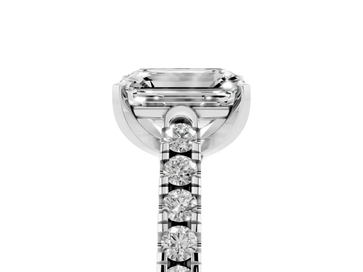 Emerald Cut Diamond Pavé Band Solitaire Ring with Prong Setting Silver