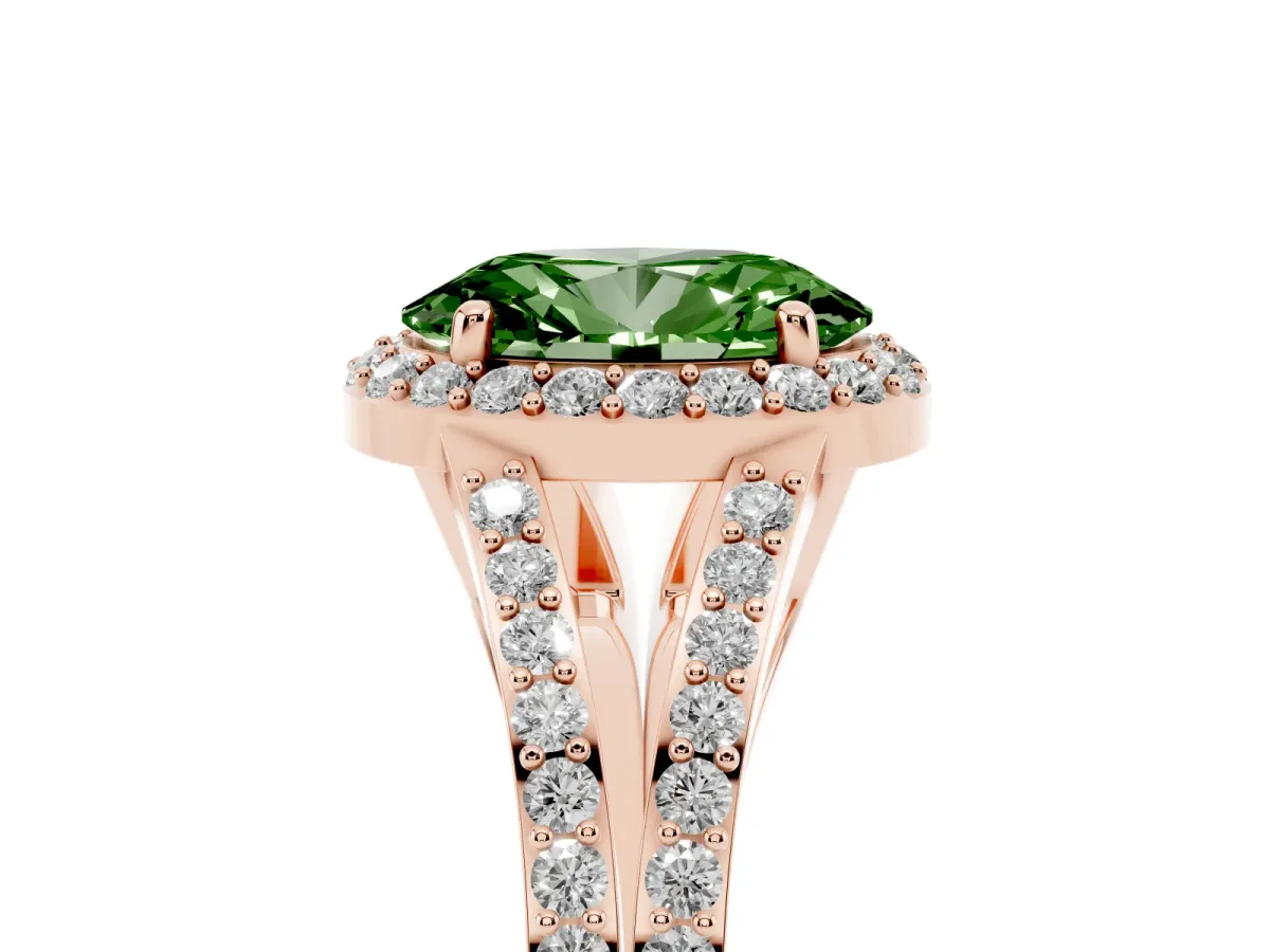 Fancy Green Oval Cut Halo Split Shank Diamond Ring with Prong Setting Rose gold