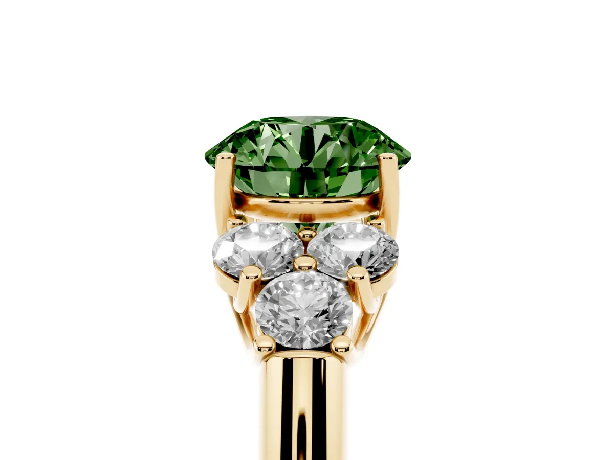 Fancy Green Round Cut Cut Diamond Cluster Ring with Round Accent Stones and Prong Setting on a Classic Band Yellow gold