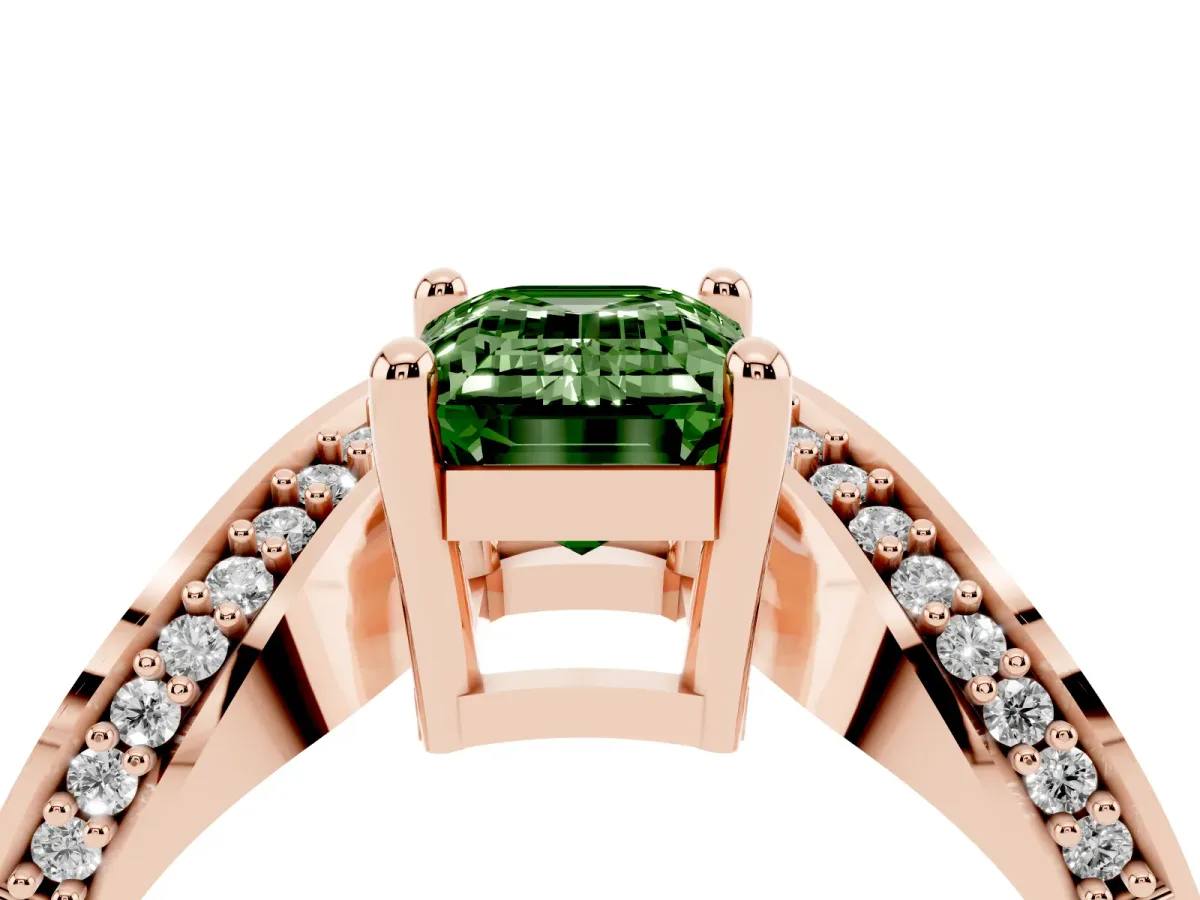 Fancy Green Emerald Cut Solitaire Diamond Engagement Ring with Pave Band and Four-Prong Setting Rose gold