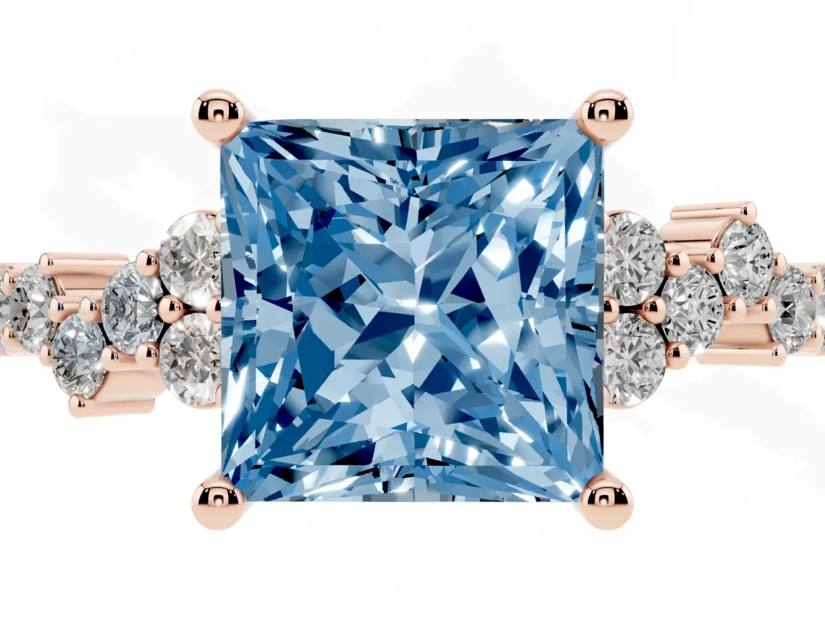 Fancy Blue Princess Cut Diamond Scattered Round Accent Ring with Prong Setting Rose gold