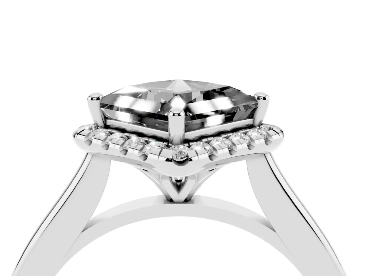 Fancy Black Princess Cut Halo Round Diamond Solitaire Engagement Ring with Pave Band and Four-Prong Setting White gold