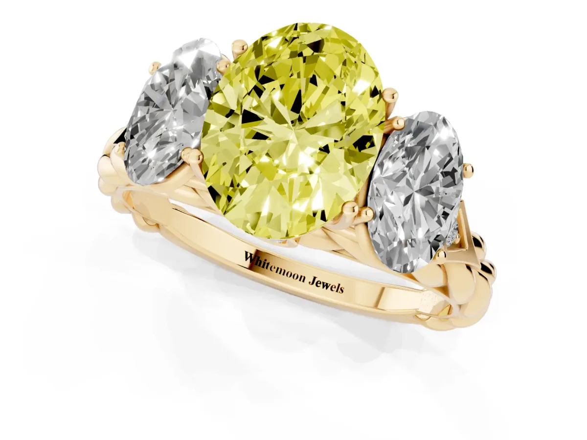 Fancy Yellow Three-Stone Oval Cut Diamond Braided Band Ring with Four-Prong Setting Yellow gold