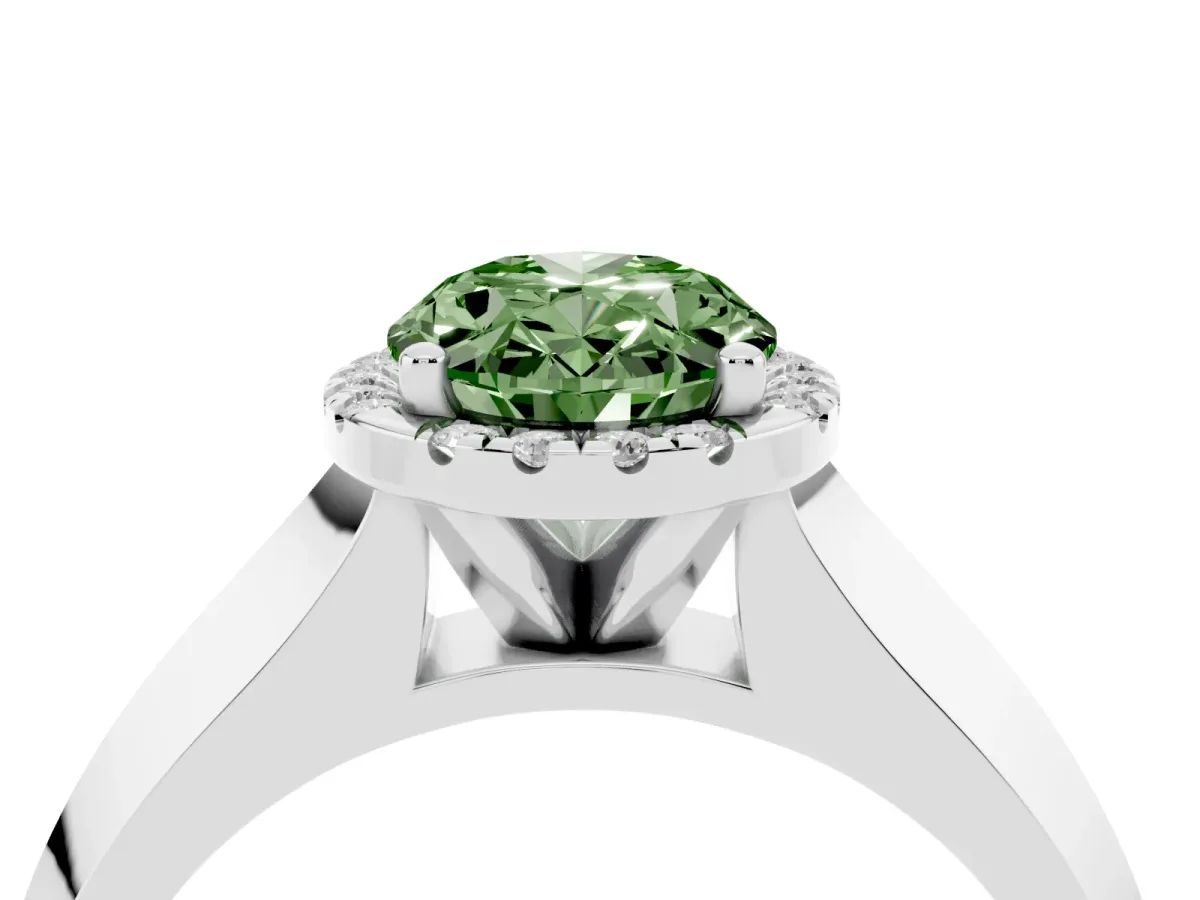 Fancy Green Oval Cut Halo Diamond Ring with Cathedral Band and Four-Prong Setting Silver