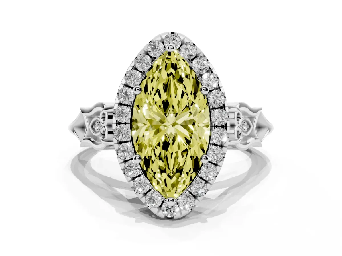 Fancy Yellow Marquise Cut Halo Diamond Engagement Ring with Filigree Band and Four-Prong Setting Platinum