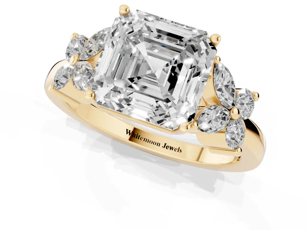 Asscher Cut Diamond Floral Cluster Ring with Solitaire Band and Prong Setting Yellow gold