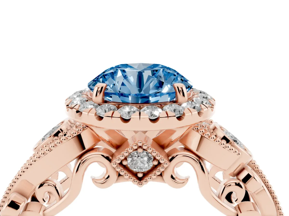 Fancy Blue Round Cut Halo Diamond Ring with Milgrain and Bezel Accents on a Split Shank Band Rose gold