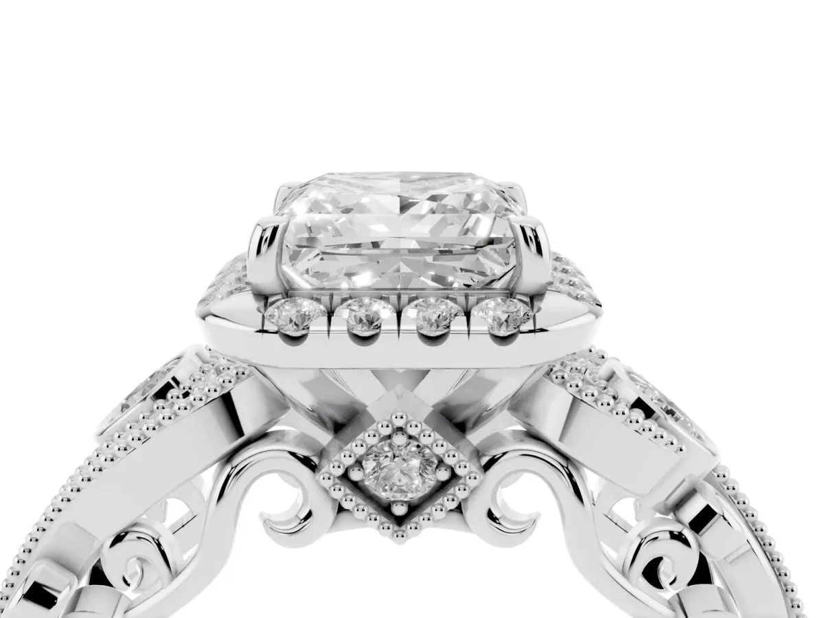 Princess Cut Diamond Halo Ring with Milgrain Pavé Band and Four-Prong Setting Silver