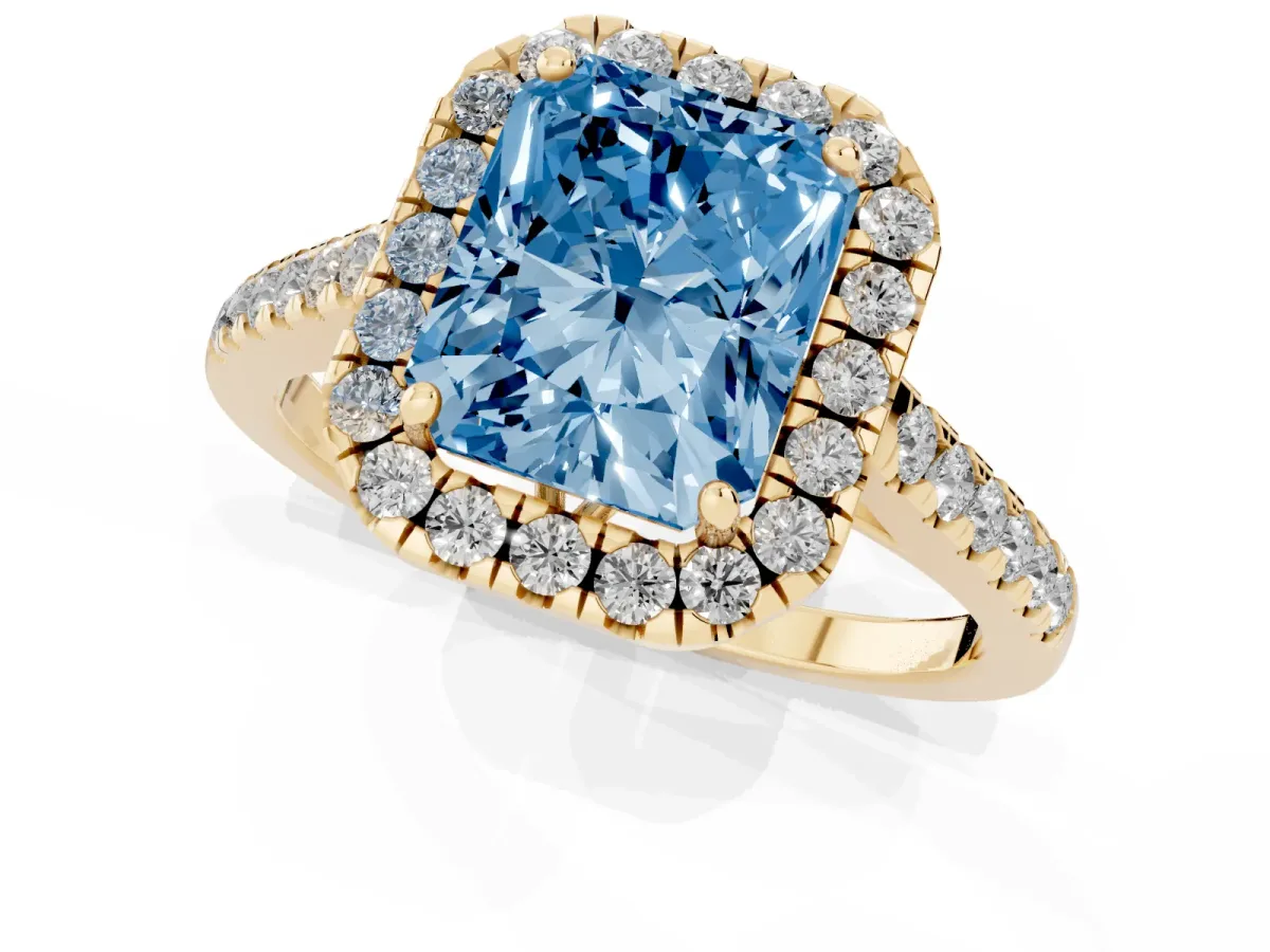 Fancy Blue Radiant Cut Halo Pavé Diamond Engagement Ring with Four-Prong Setting Yellow gold