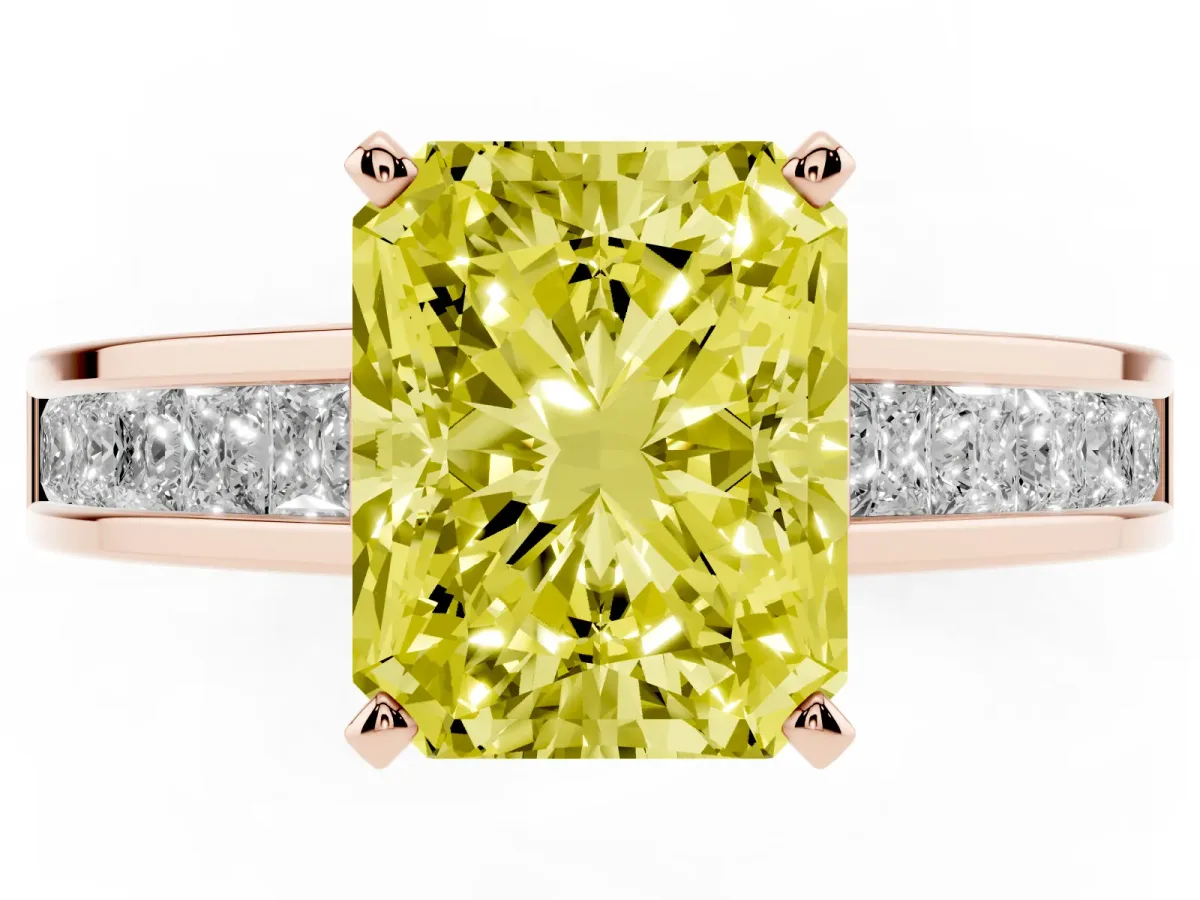 Fancy Yellow Radiant Cut Solitaire Diamond Ring with Channel-Set Band and Four-Prong Setting Rose gold