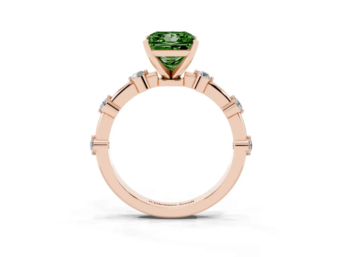 Fancy Green Princess Cut Solitaire Diamond Ring with Bezel Set Side Stones and Prong Setting Rose gold