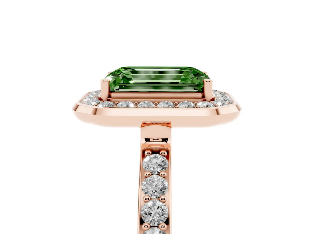 Fancy Green Emerald Cut Diamond Halo Ring with Bezel Frame and Pavé Band Rose gold