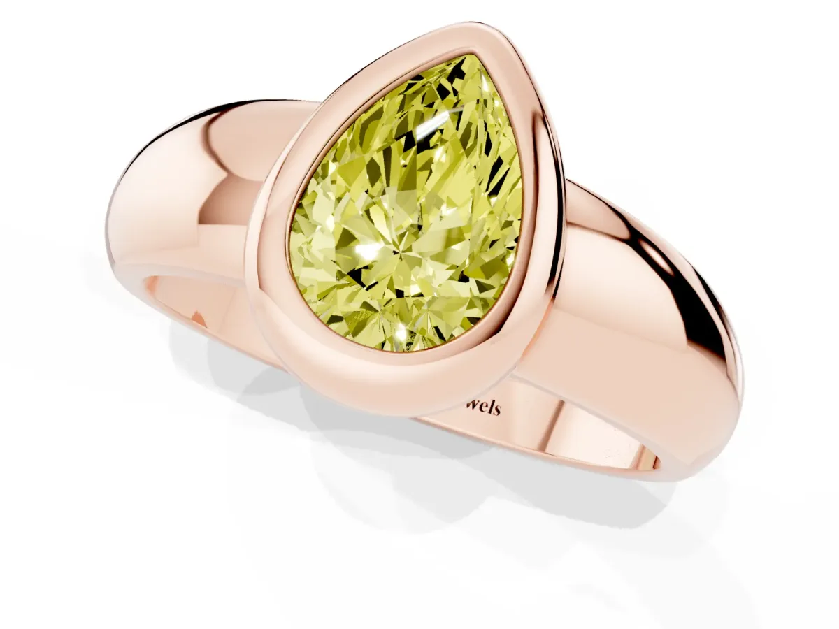 Fancy Yellow Bezel Set Pear Cut Solitaire Ring with Wide Band Rose gold