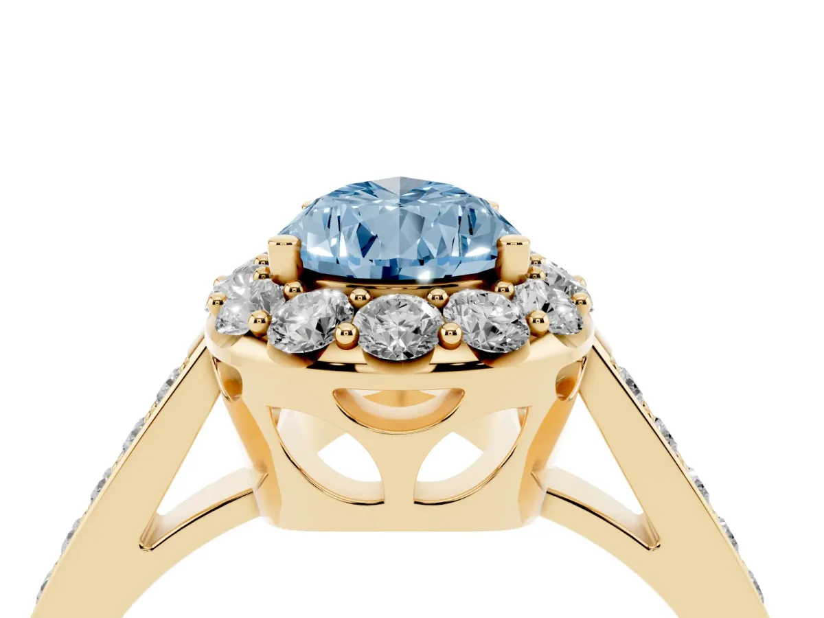 Fancy Blue Pear Cut Diamond Floral Halo Ring with Pavé Band and Prong Setting Yellow gold
