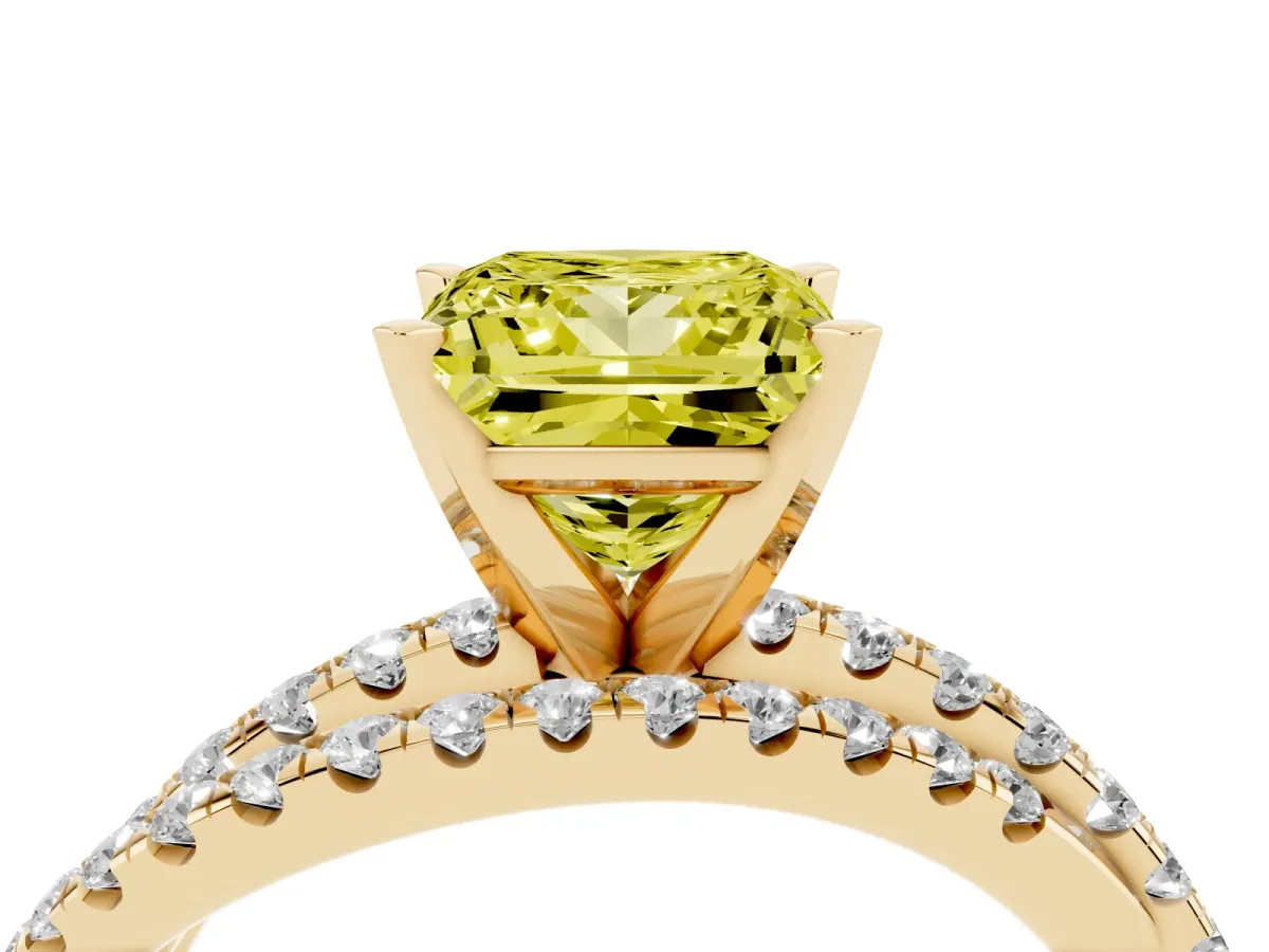 Fancy Yellow Princess Cut Solitaire Twist Band with Pavé Setting and Four-Prong Setting Yellow gold
