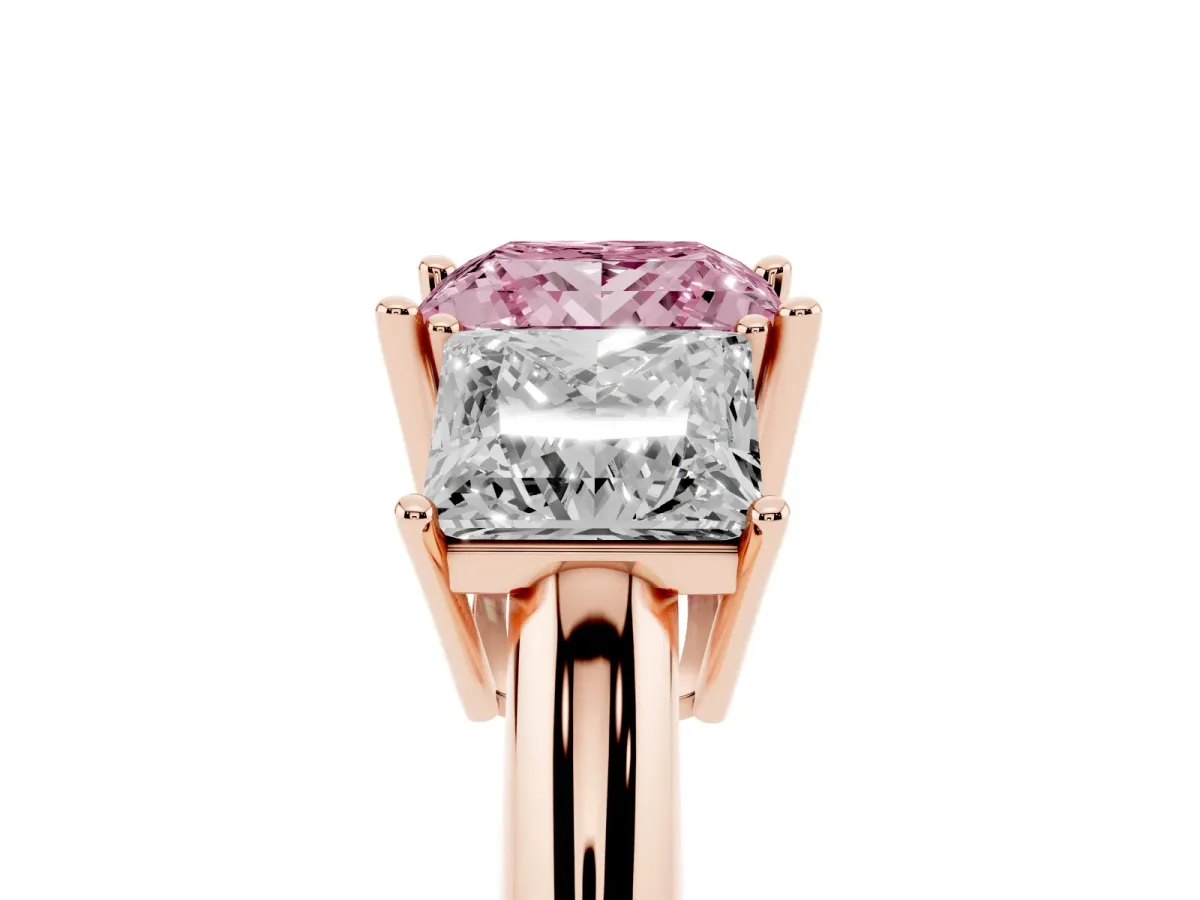 Fancy Pink Three-Stone Princess Cut Cut Diamond Engagement Ring with Prong Setting on a White Gold Band Rose gold