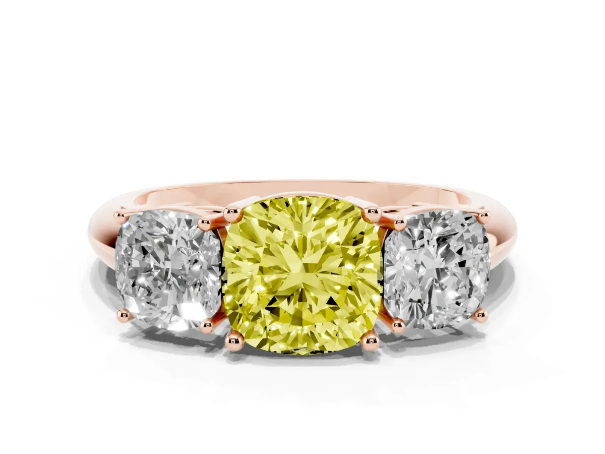 Fancy Yellow Three-Stone Cushion Cut Cut Diamond Engagement Ring with Prong Setting on a White Gold Band Rose gold