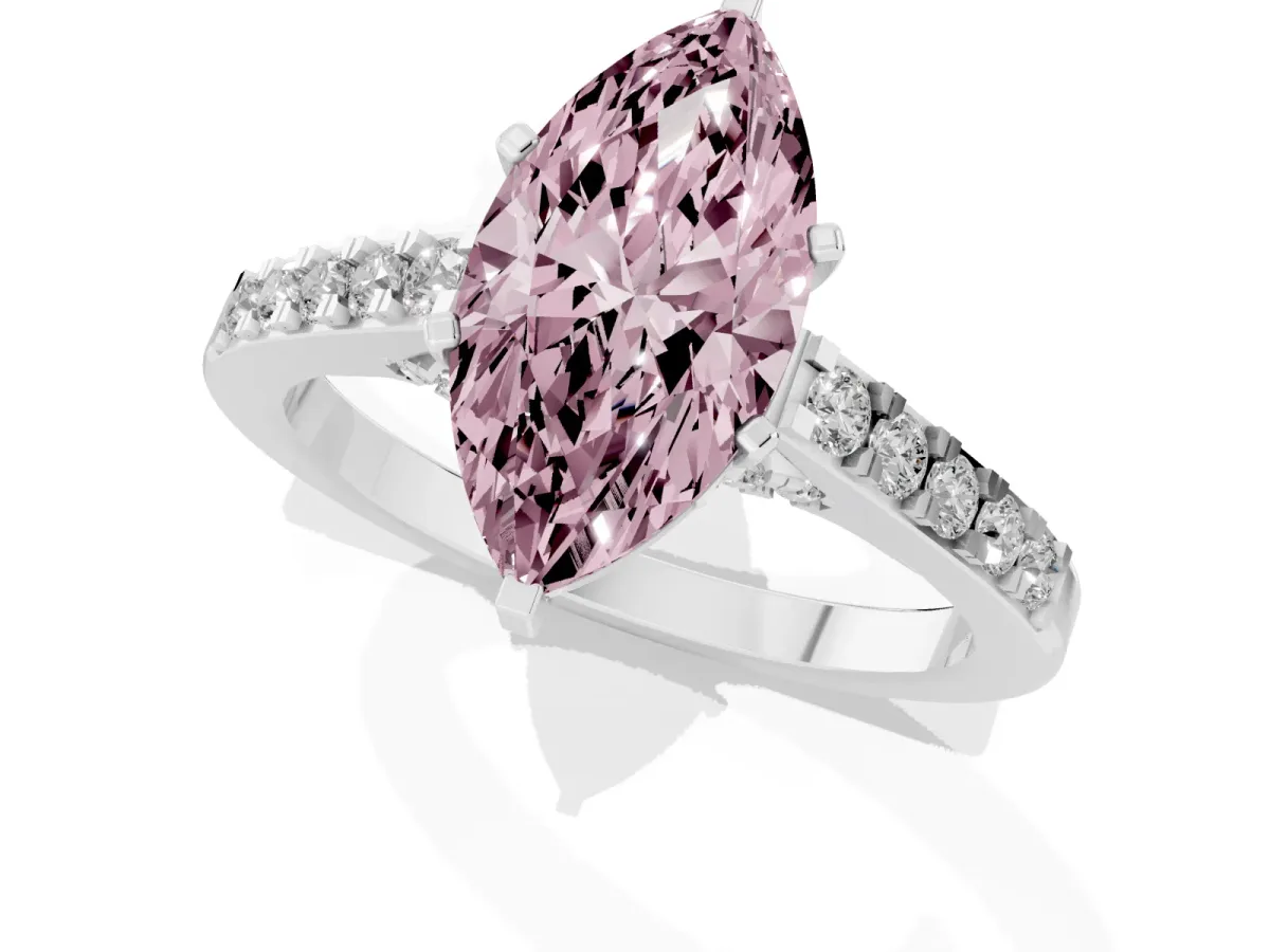 Fancy Pink Marquise Cut Diamond Solitaire Ring with Crossover Gallery and Round Pavé Band Platinum