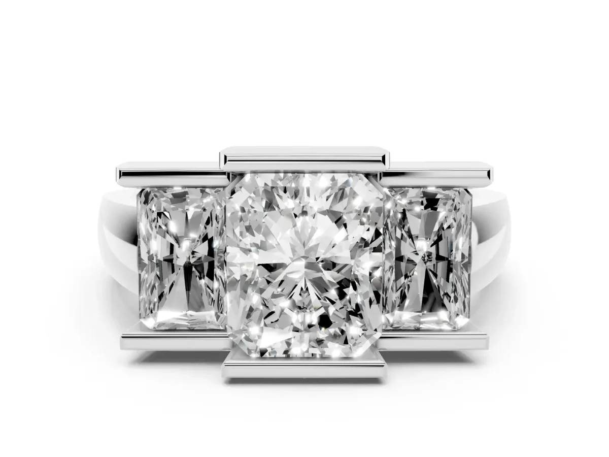 Three Stone Radiant Cut Cut Channel Set Diamond Ring Silver