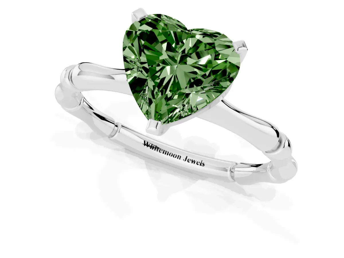 Fancy Green Heart Cut Solitaire Diamond Ring with Bamboo Band and Four-Prong Setting Silver