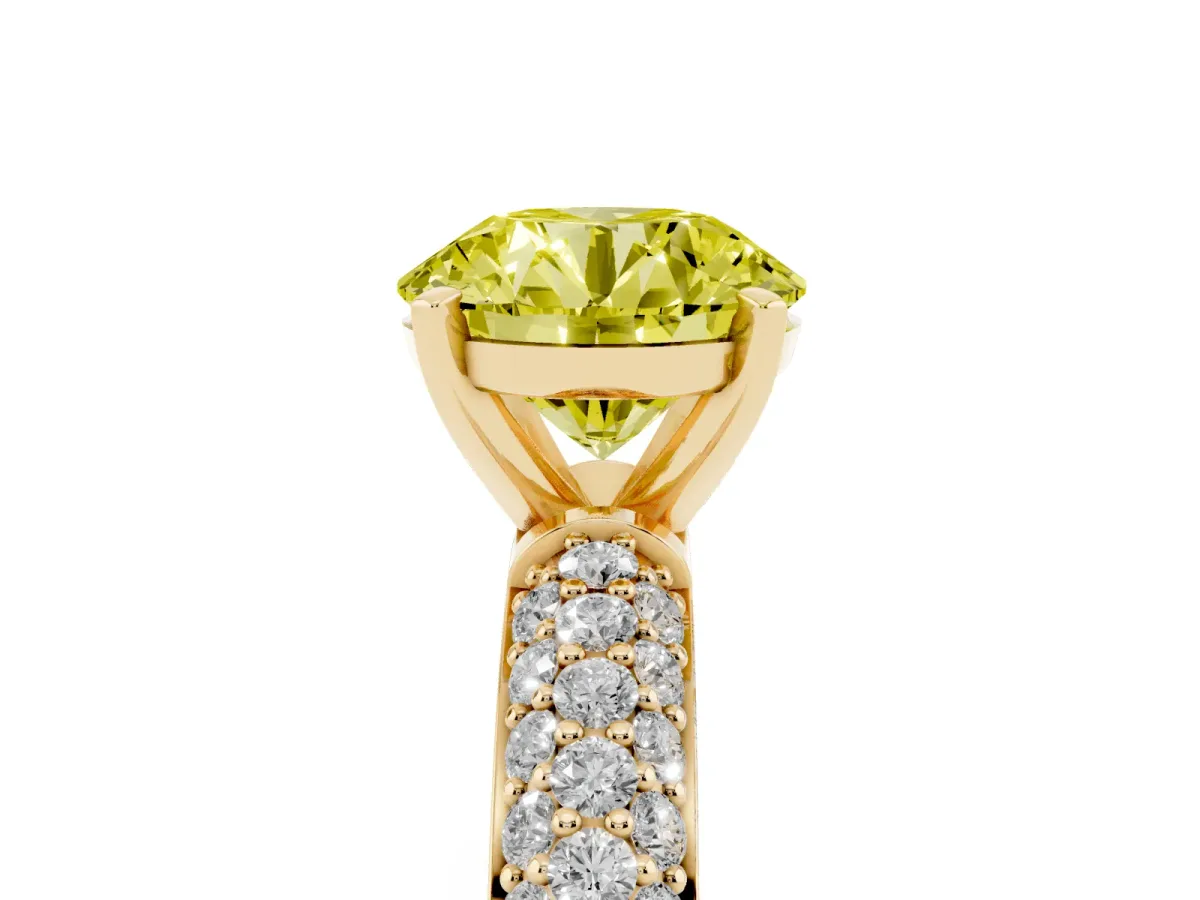 Fancy Yellow Round Cut Diamond Solitaire Ring with Prong Setting and Pavé Band Yellow gold