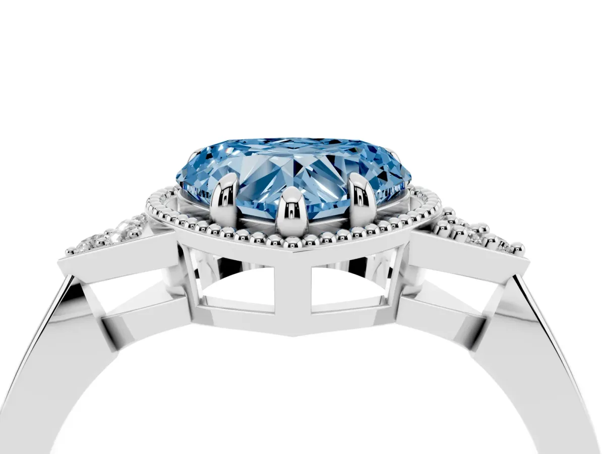 Fancy Blue Heart Cut Diamond Halo Ring with Tapered Band and Four-Prong Setting Platinum