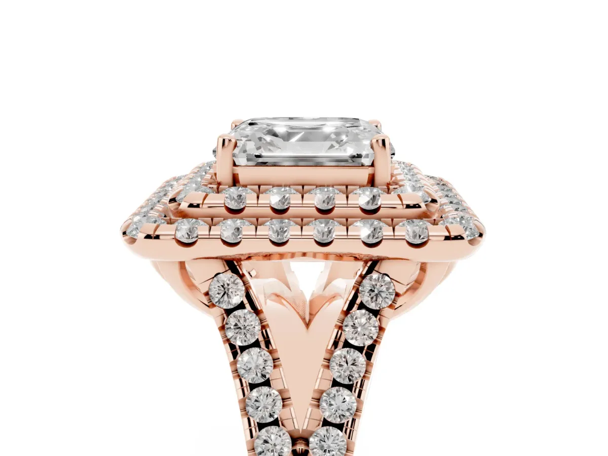 Double Halo Asscher Cut Diamond Pavé Split Shank Ring with Prong Setting Rose gold