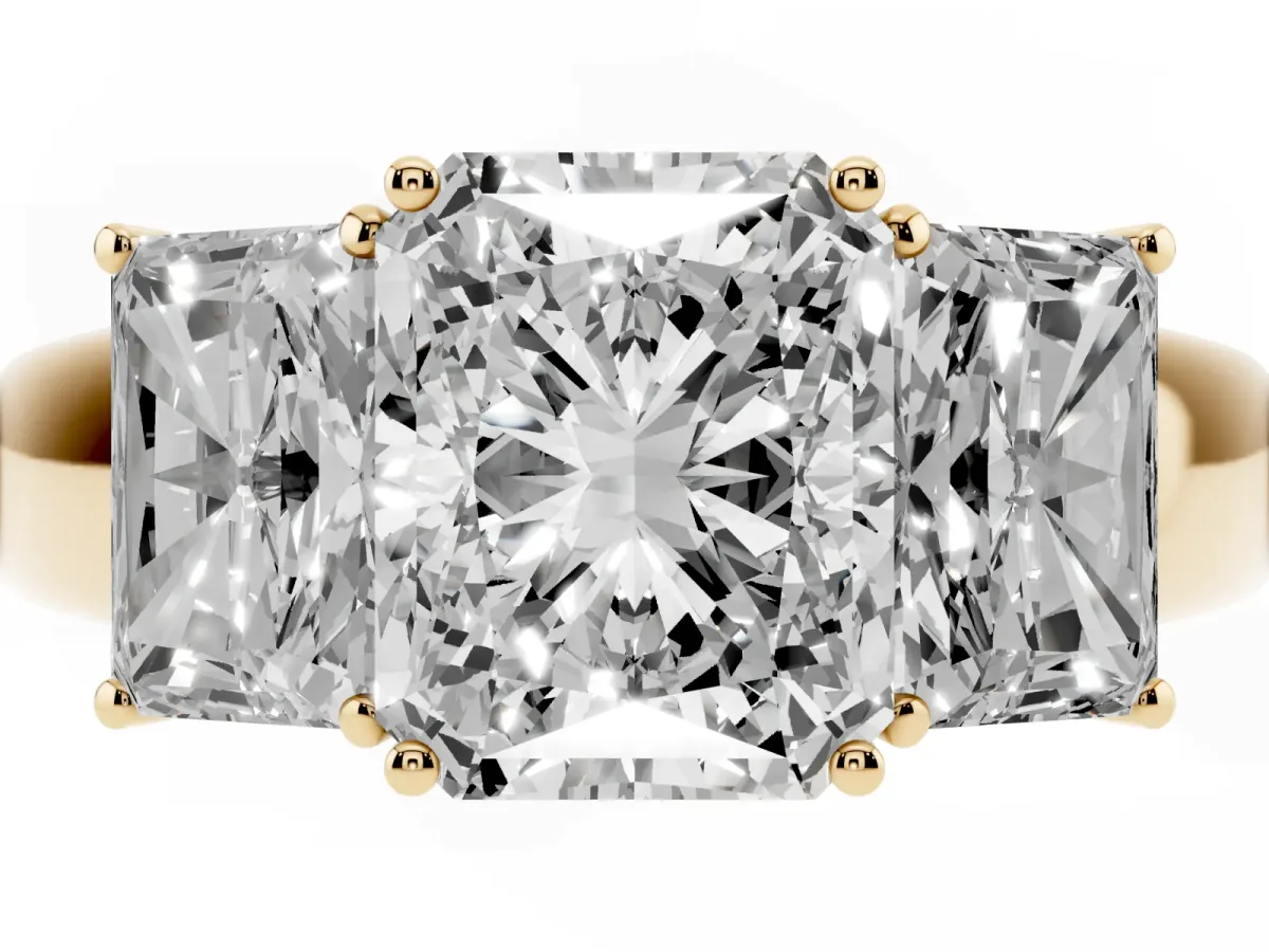 Three-Stone Radiant Cut Cut Diamond Ring with Prong Setting and Classic Band Yellow gold
