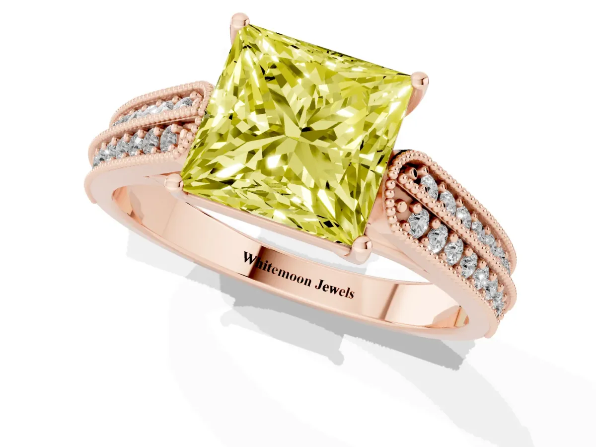 Fancy Yellow Princess Cut Cut Pave Split Shank Engagement Ring with Four-Prong Setting Rose gold
