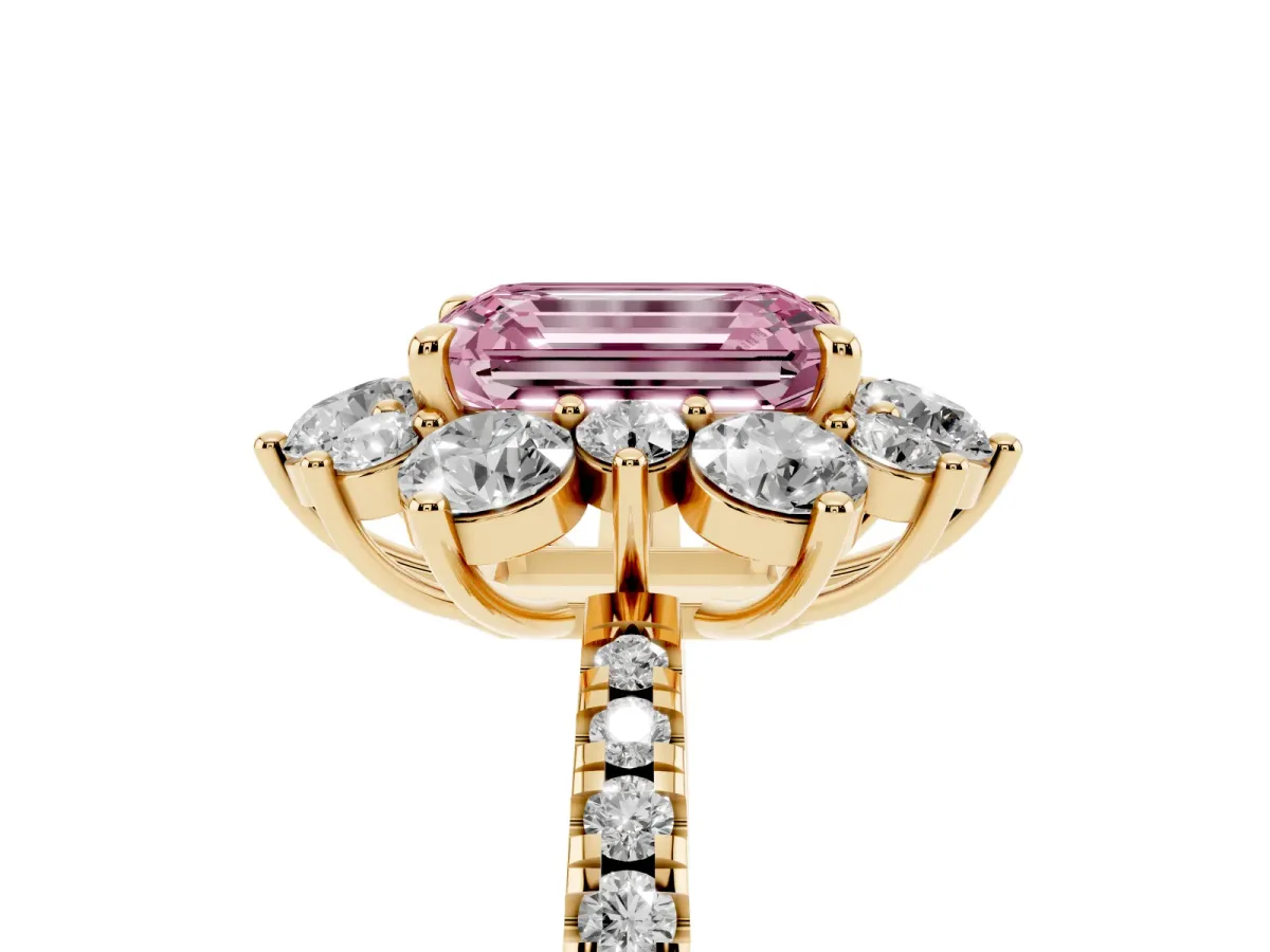 Fancy Pink Emerald Cut Diamond Floral Halo Ring with Round Pavé Band and Prong Setting Yellow gold