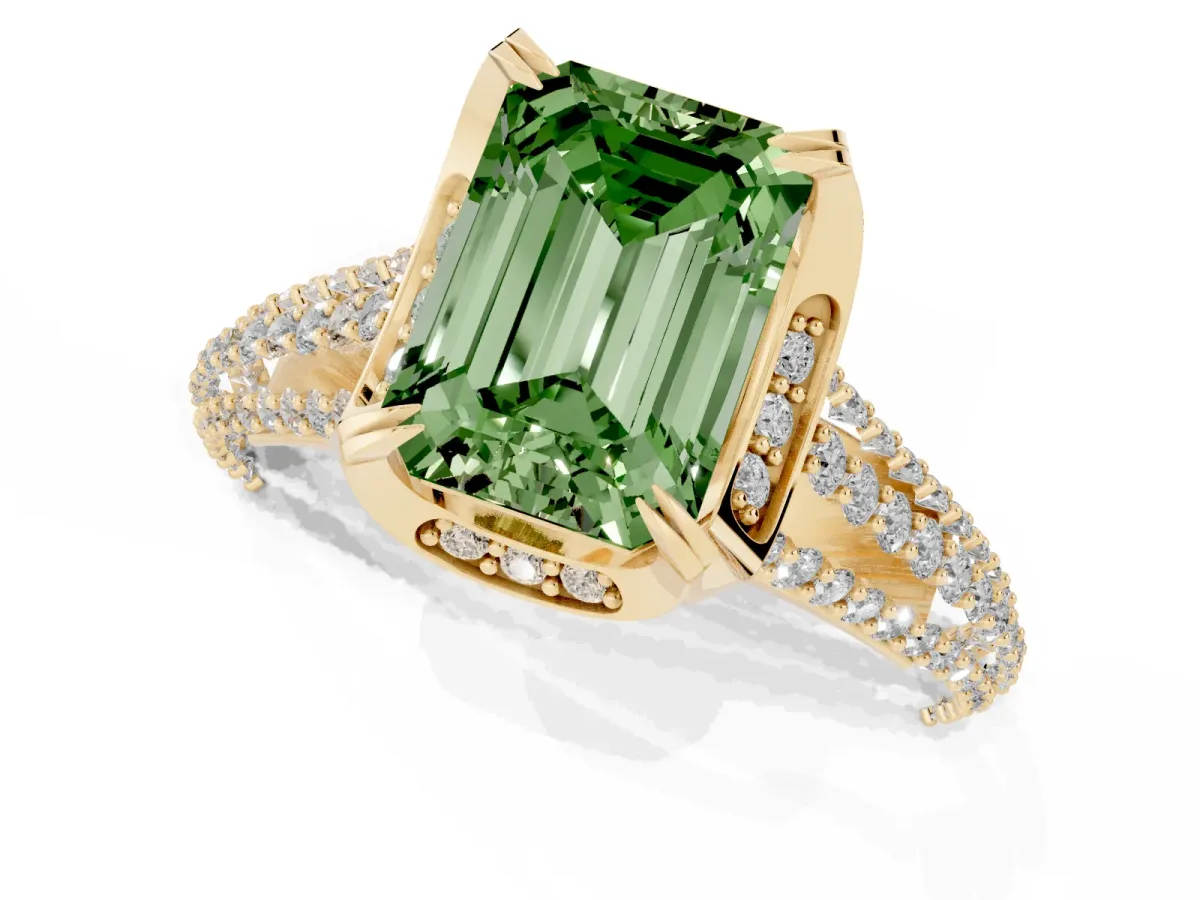 Fancy Green Emerald Cut Solitaire Pave Split Shank Ring with Four-Prong Setting Yellow gold