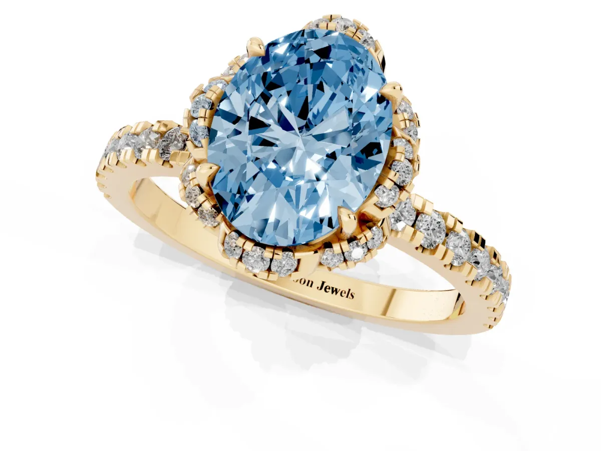 Fancy Blue Oval Cut Halo Diamond Pave Band Ring with Four-Prong Setting Yellow gold