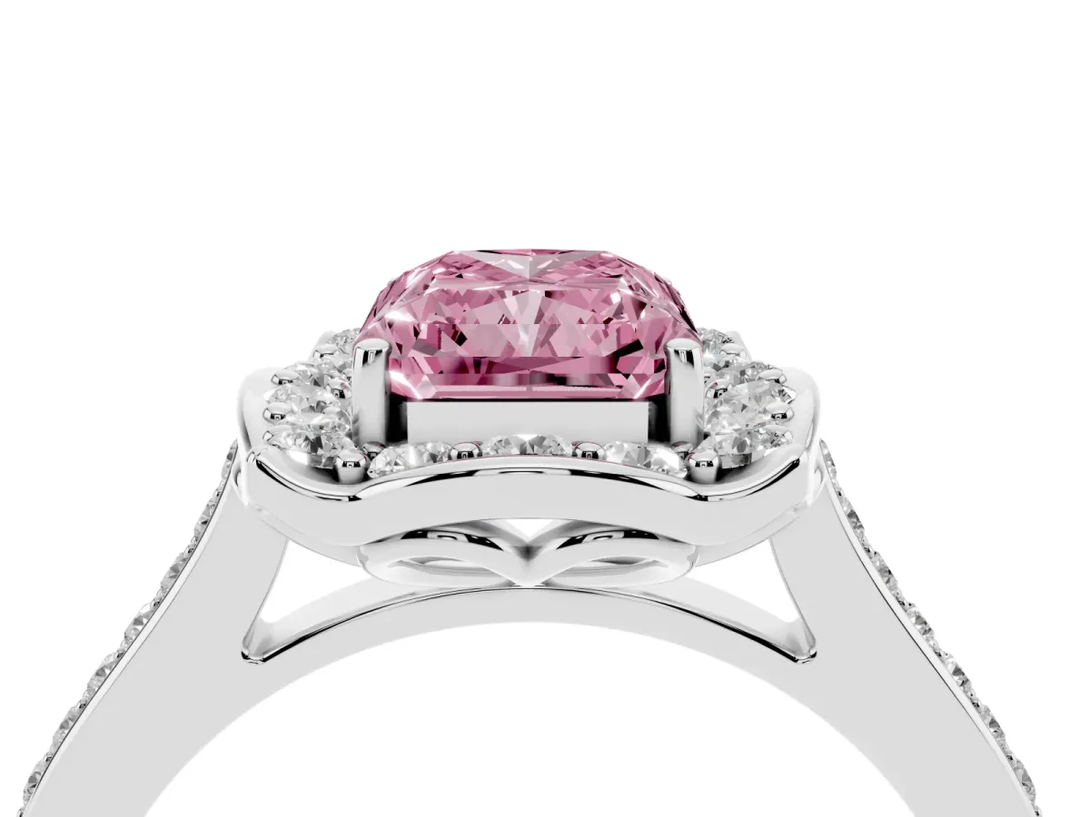 Fancy Pink Radiant Cut Halo Round Diamond Pave Band with Four-Prong Setting Platinum
