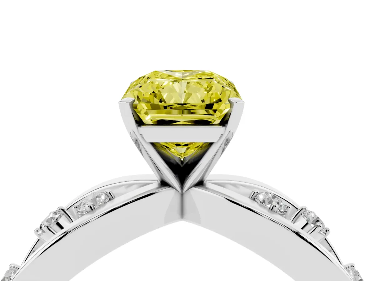 Fancy Yellow Radiant Cut Cut Solitaire Diamond with Side Stones on Criss-Cross Band and Four-Prong Setting Platinum