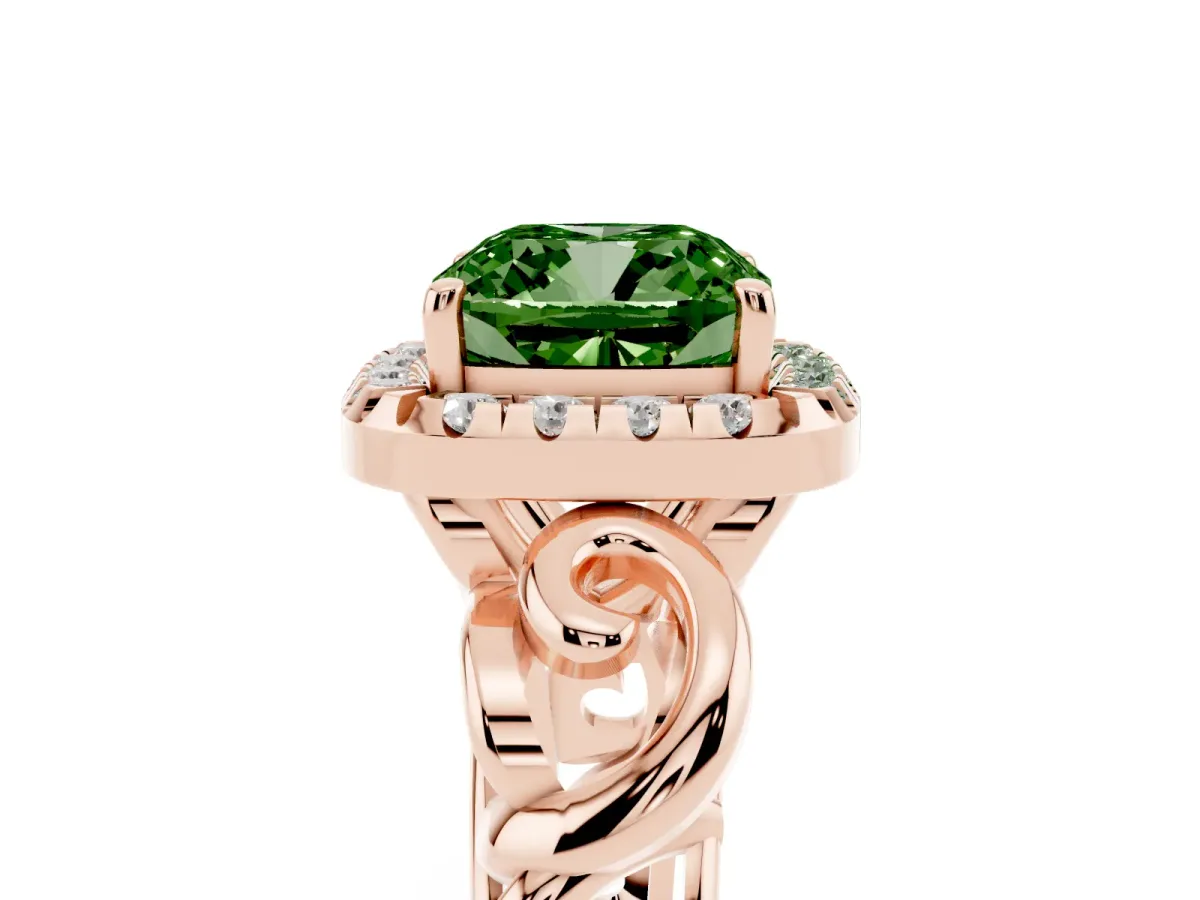 Fancy Green Cushion Cut Cut Halo Diamond Ring with Scrollwork Band and Four-Prong Setting Rose gold