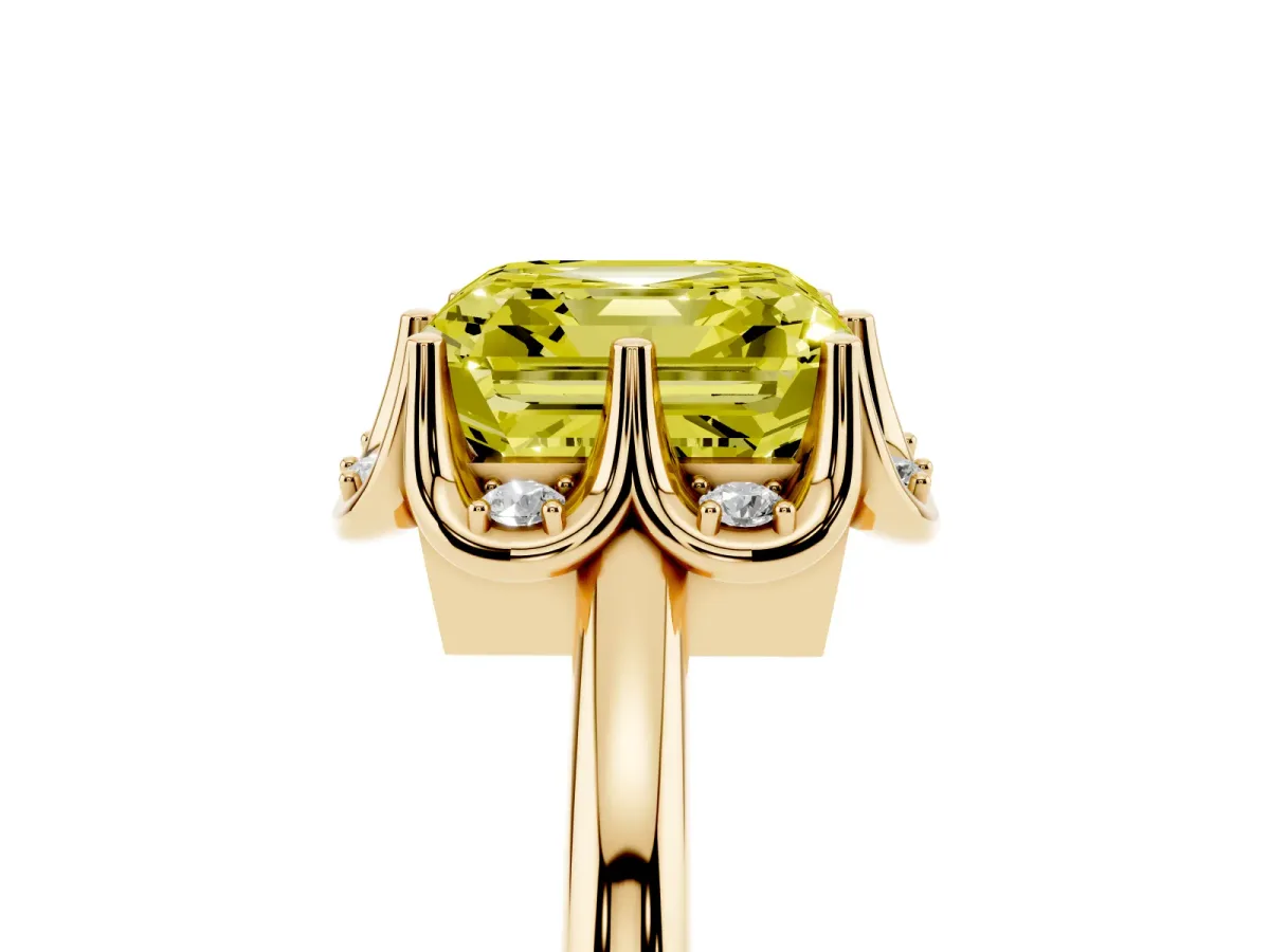 Fancy Yellow Asscher Cut Halo Diamond Ring with Round Cluster Setting, Solitaire Band, and Four-Prong Setting Yellow gold