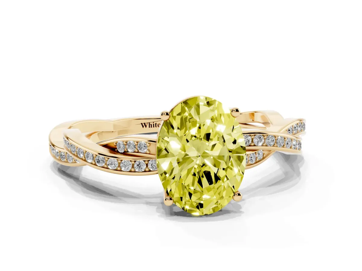Fancy Yellow Oval Cut Solitaire Twisted Pave Diamond Ring with Four-Prong Setting Yellow gold