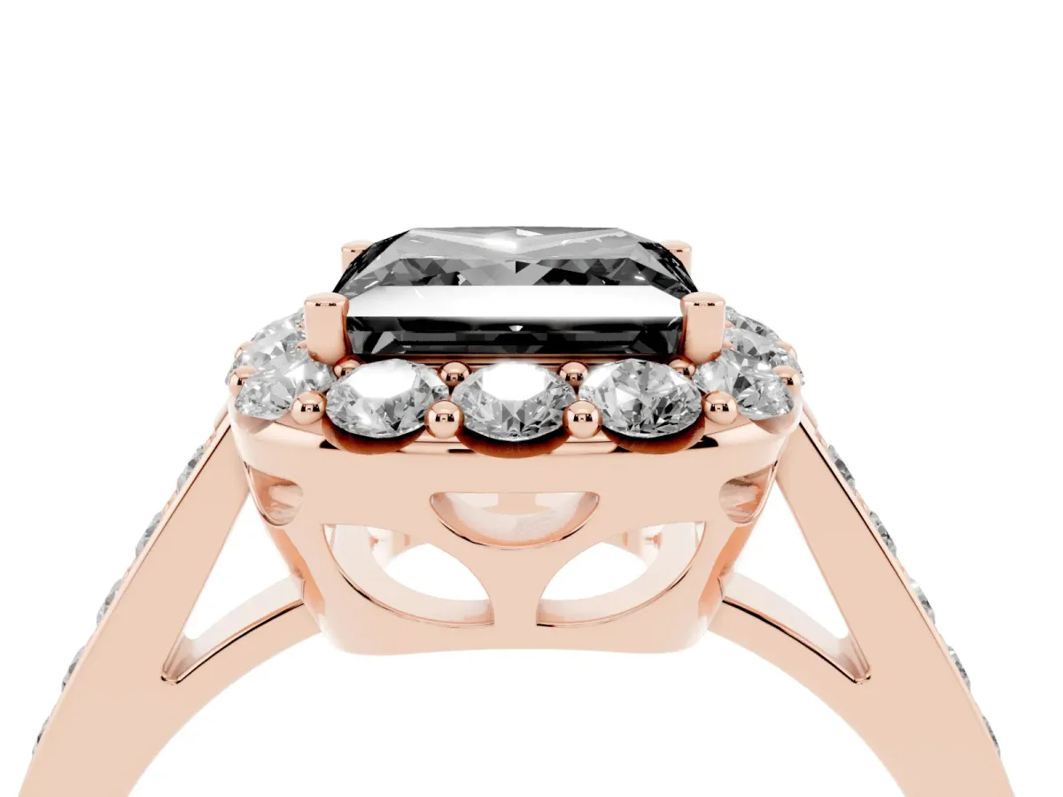 Fancy Black Princess Cut Diamond Floral Halo Ring with Pavé Band and Prong Setting Rose gold
