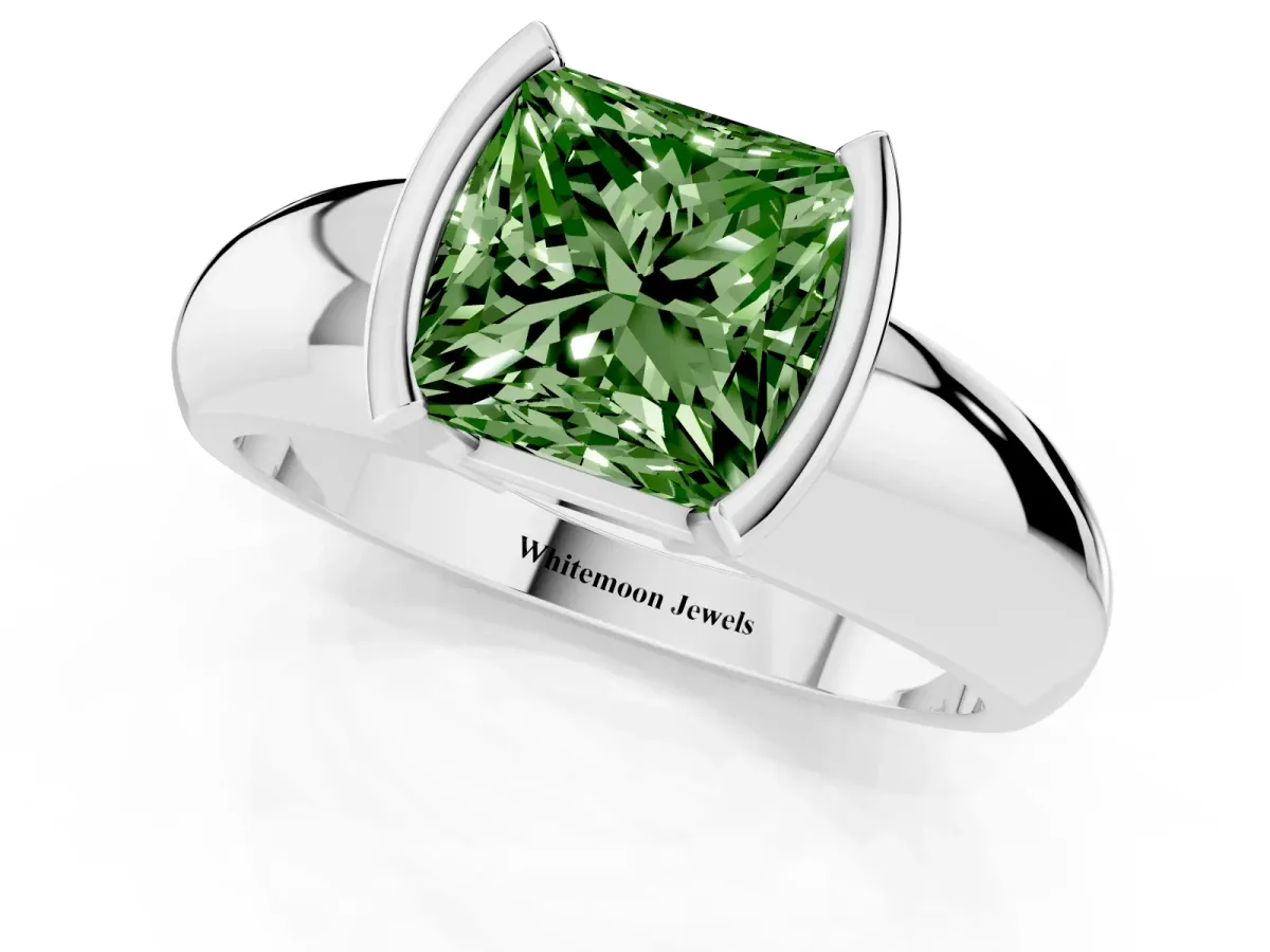 Fancy Green Princess Cut Solitaire Tension Set Diamond Ring with Wide Band Silver